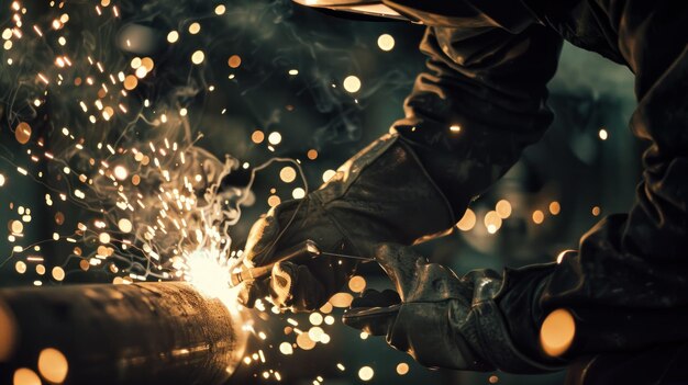 Photo welder working on a pipe with sparks flying