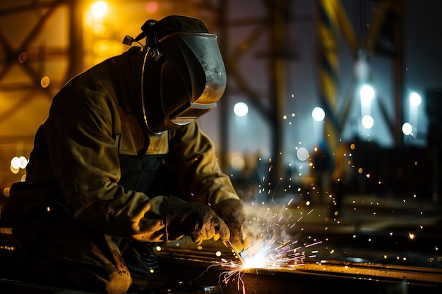 Welder working in steel manufacturing industrial factory Man welding metal safety in workplace