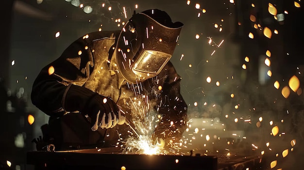 Photo welder working with metal and sparks an intense image of a welder at work with sparks flying as metal is fused under the heat of the welding process