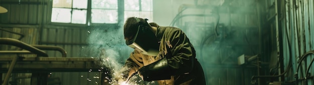 Photo welder working with protective mask welding metal in the factory metalwork manufacturing