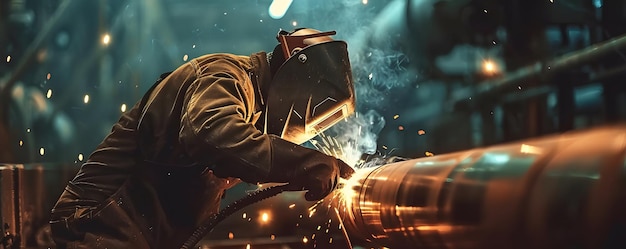 Photo welder in a workshop welding a metal pipe