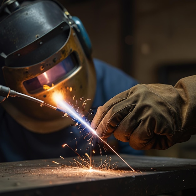 a welding man in a mask working on a metal piece with a sparks sparks