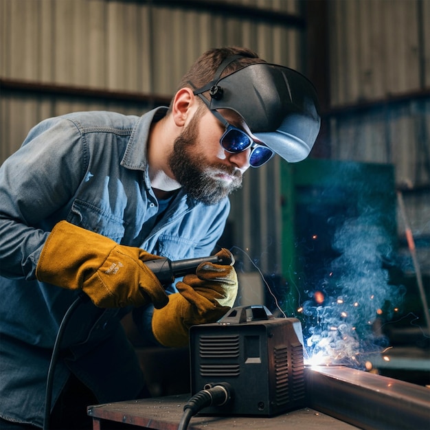 a welding man with a beard is working on a piece of metal