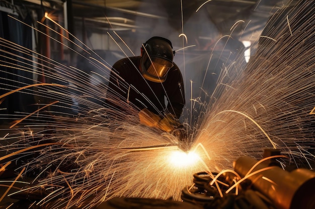 Welding sparks fly as metal is joined in factory