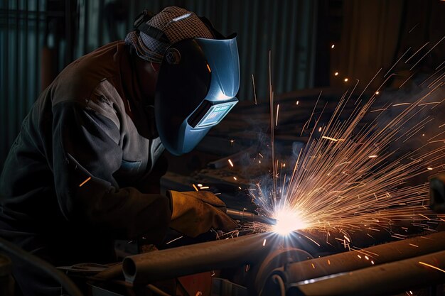 Welding sparks fly as metal is joined in factory