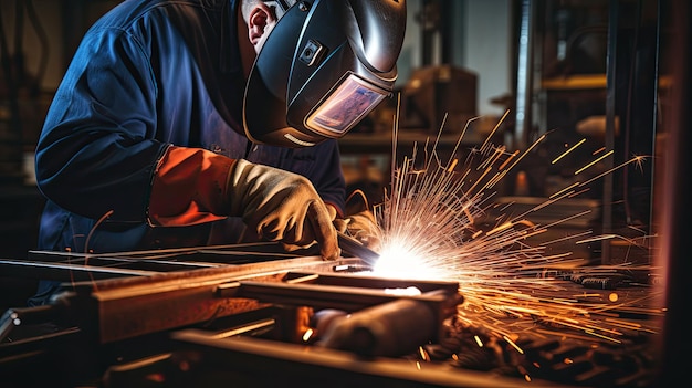 Welding work with metal construction at busy metal factory