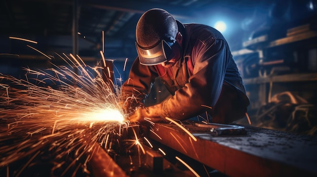 Welding work with metal construction at busy metal factory