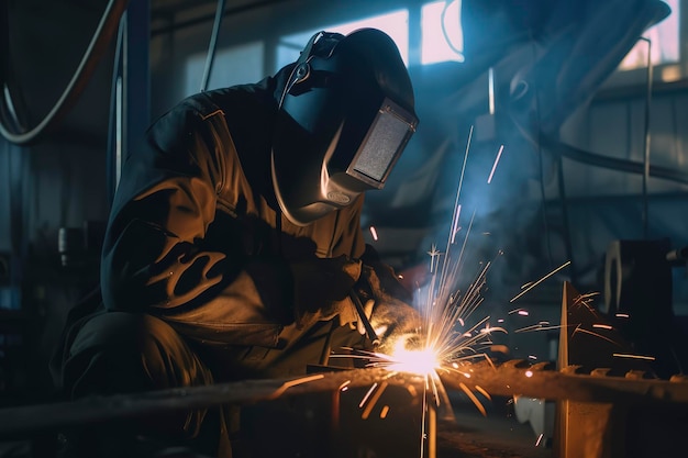 Welding works at the factory Industrial worker welds metal pipes