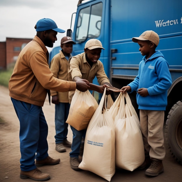 A Welfare man gives food bags to poor hungry kids Welfare truck in background