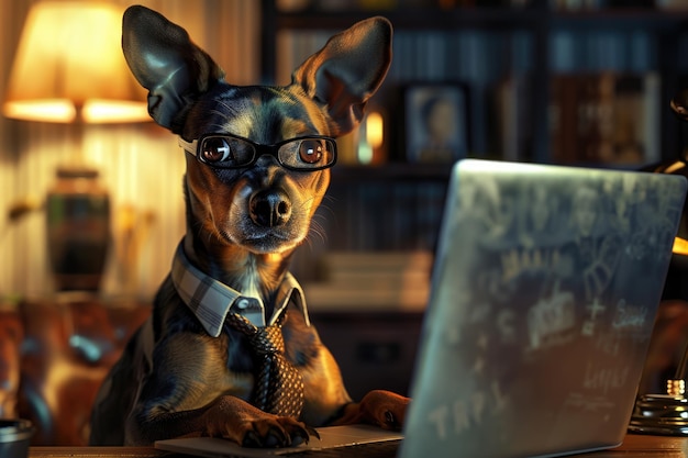 Photo a well dressed dog sporting a tie sits attentively in front of a laptop in a home office setup