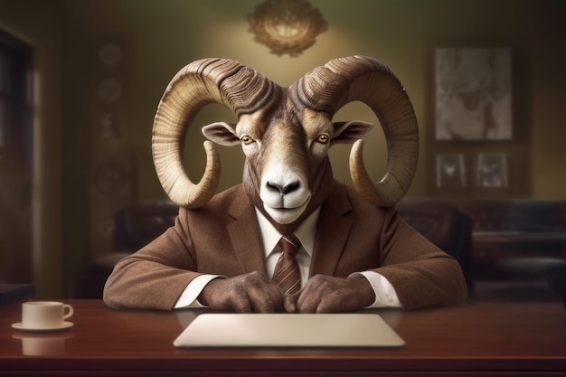 Well dressed ram wearing suit and tie sitting in its office looking important Realistic generative AI illustration