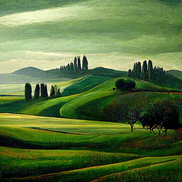 Well known Tuscany landscape with grain fields cypress trees and houses on the hills at sunset