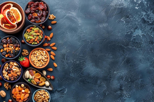 Photo well laid out dried fruits and nuts on table