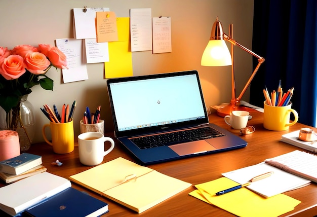 A well stocked home office desk featuring a laptop a cup of coffee a desk lamp and papers