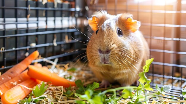 Photo wellcared guinea pig in spacious cage with fresh veggies for nutrition