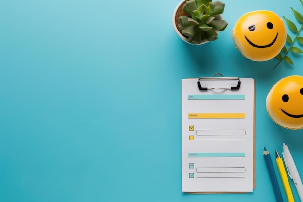 Photo a welldesigned feedback form rests on a bright blue surface accompanied by cheerful smiley balls a potted plant and colorful pens inviting customer interaction