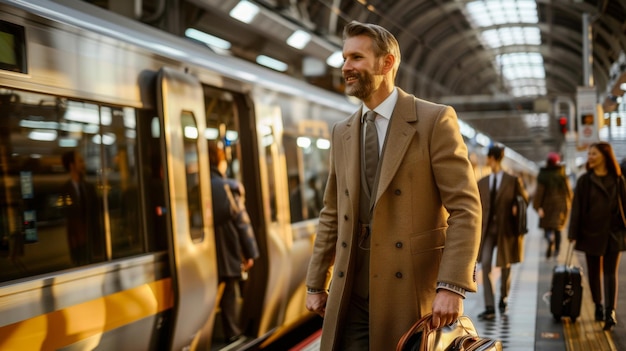 Photo a welldressed businessman carrying a bag arrives at a busy train station ready for travel or commuting