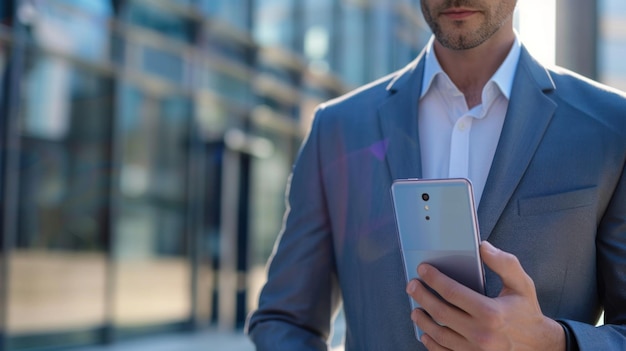 A welldressed businessman is using a smart phone against an urban background