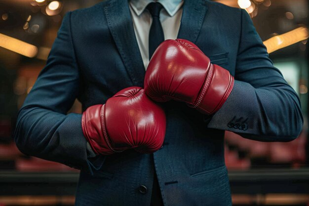 Photo a welldressed executive prepares for a challenge wearing striking red boxing gloves embodying determination amidst a dynamic urban backdrop