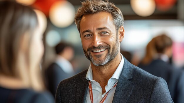 Photo a welldressed man smiles warmly during a corporate networking event