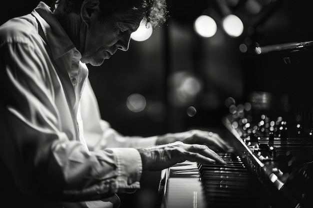 Photo a welldressed man in a suit passionately playing the piano embodying sophistication and musical artistry intense emotion radiating from every note played ai generated