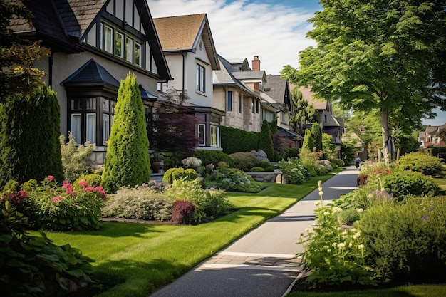 Wellkept garden in front of a luxury home on a sunny day in Canadian suburbs