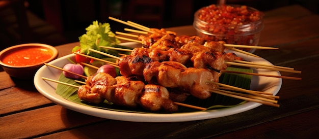 The wellknown Thai street food dish includes pork chicken fish meatballs and sausage skewered