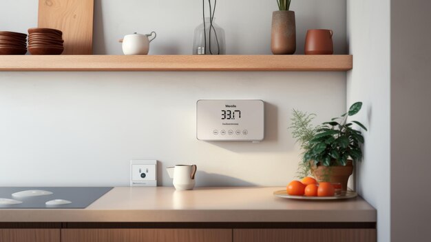 A welllit kitchen featuring a thermostat mounted on the wall and a potted plant on the counter