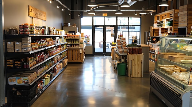 Photo a welllit and modern grocery store interior with shelves stocked with food and a refrigerated display case