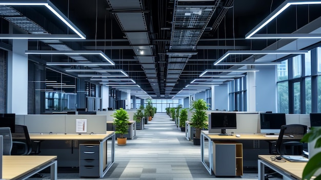 Welllit office environment with rows of overhead LED bulbs providing ample lighting for a focused and efficient workplace setting Generative AI