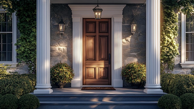 Photo a welllit wooden door with a stone exterior lush greenery and a welcoming entryway