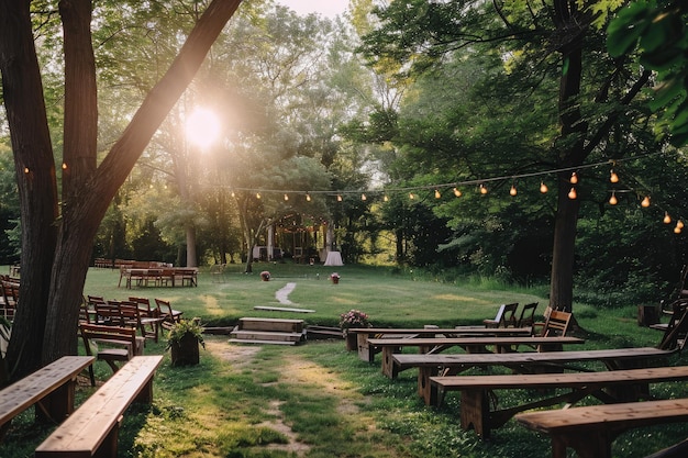 A wellmaintained grassy area with benches and string lights creating a welcoming ambiance for relaxation and socializing Ecofriendly outdoor wedding AI Generated