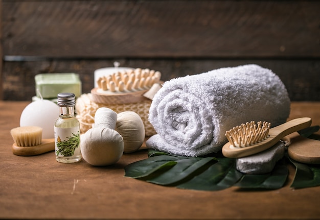 Wellness decoration, spa massage setting, on stone background.