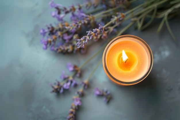 Wellness eco home concept lavender soy candle for aromatherapy and relaxation flat lay