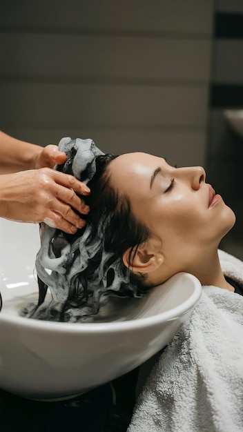 Wellness woman or washing hair of customer in salon or basin for cleaning treatment and scalp