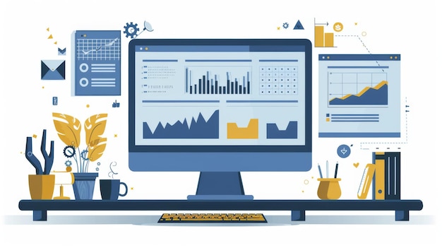 Photo a wellorganized desk setup featuring multiple computer monitors displaying various charts and graphs