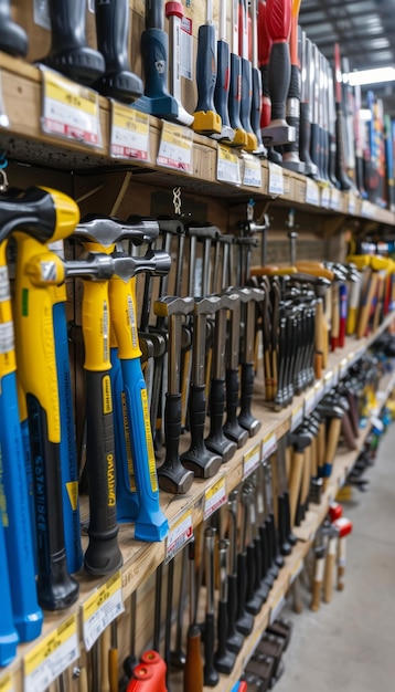 Photo wellorganized hardware store aisle displaying various hammers for easy customer selection