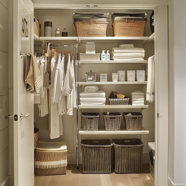 A wellorganized housekeeping closet with neatly arranged supplies