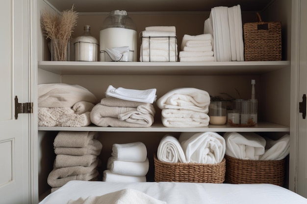 A wellorganized linen closet with neatly folded towels and sheets created with generative ai