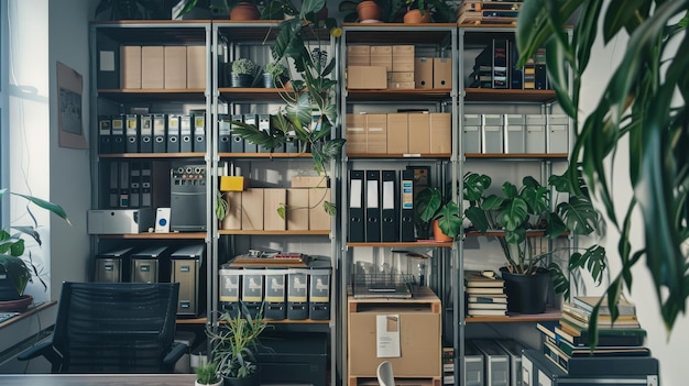 Photo a wellorganized office shelf with documents boxes and plants illuminated by warm lighting for an inviting work atmosphere