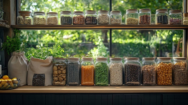 A wellorganized pantry filled with jars of various grains legumes and herbs