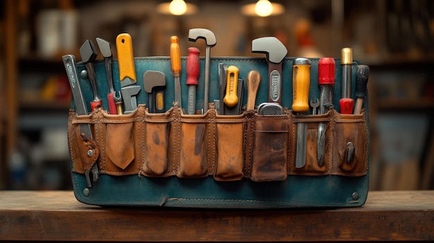 Photo a wellorganized tool belt filled with various hand tools for work