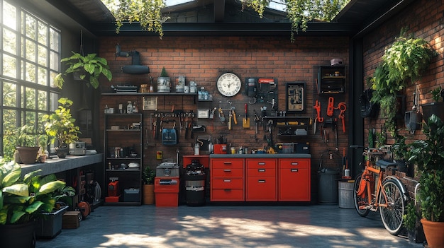 Photo a wellorganized workshop with tools plants and a bicycle