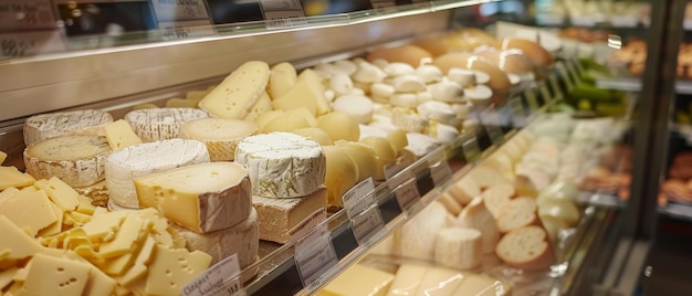 Photo a wellstocked cheese display in a deli showcasing a variety of cheeses from soft to hard inviting shoppers to make a selection