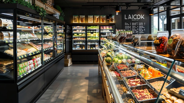 A wellstocked delicatessen with fresh produce and prepared foods