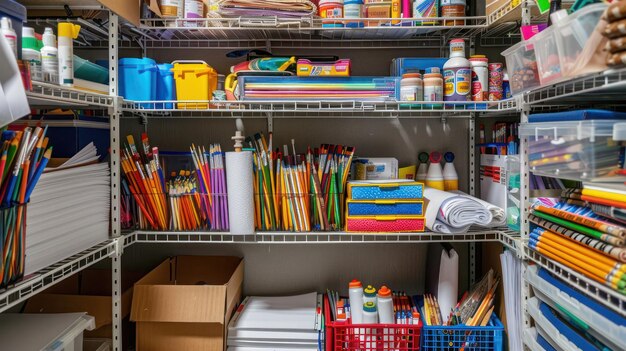 Photo a wellstocked school supply closet with shelves of paper pencils and art supplies