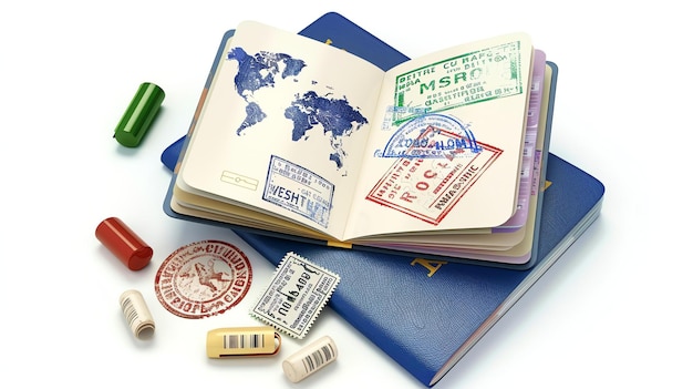 A welltraveled passport with stamps from around the world