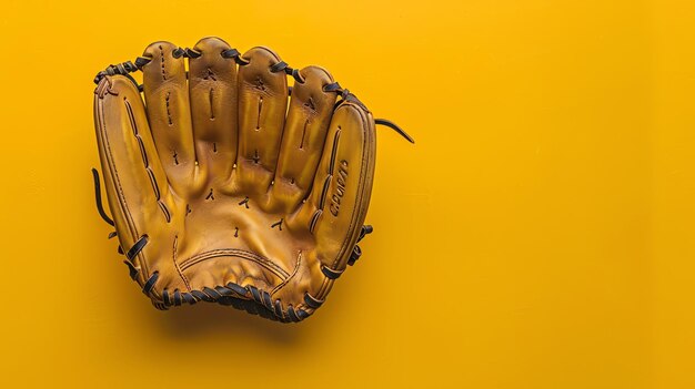 Photo wellworn brown leather baseball glove on a bright yellow background