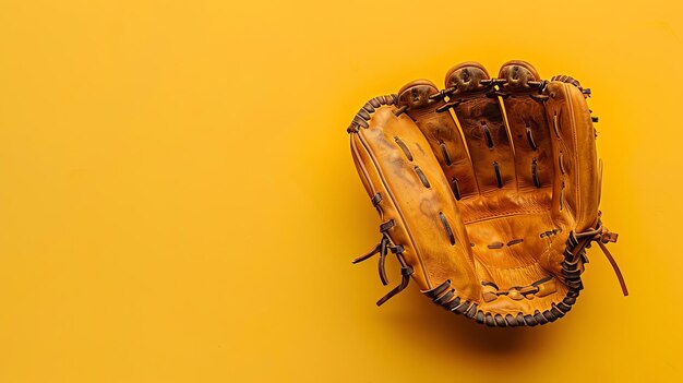 Photo wellworn brown leather baseball glove on a bright yellow background