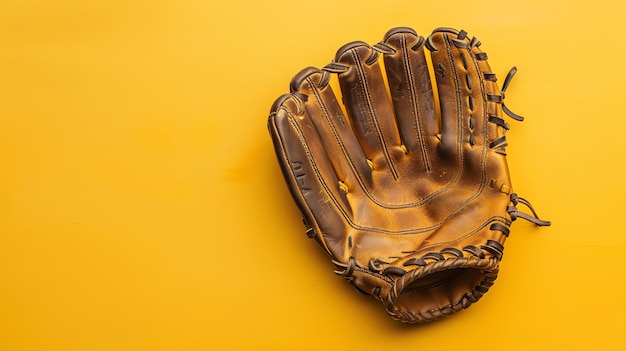 Photo wellworn brown leather baseball glove on a bright yellow background